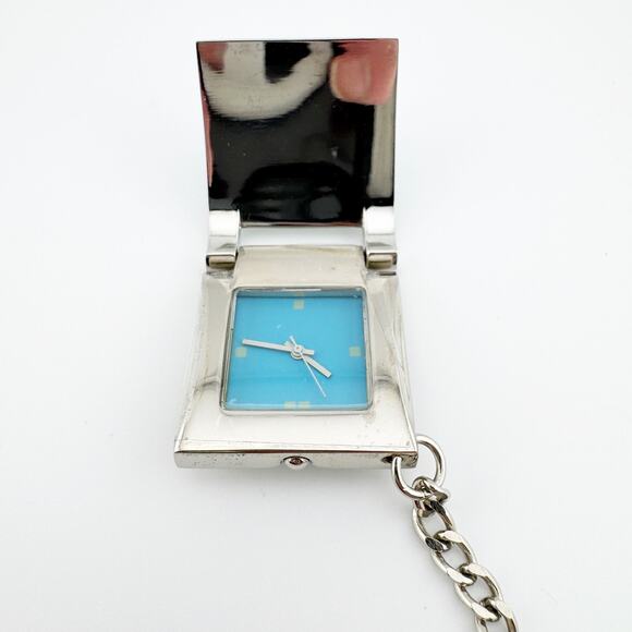 Silver Pocket‎ Watch Keychain with Turquoise Leather Inlay Unique Gift - Picture 1 of 9